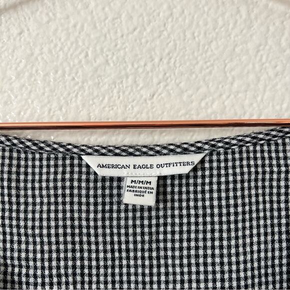 American Eagle puff ruffle short sleeve blouse top black white check plaid - Picture 4 of 5